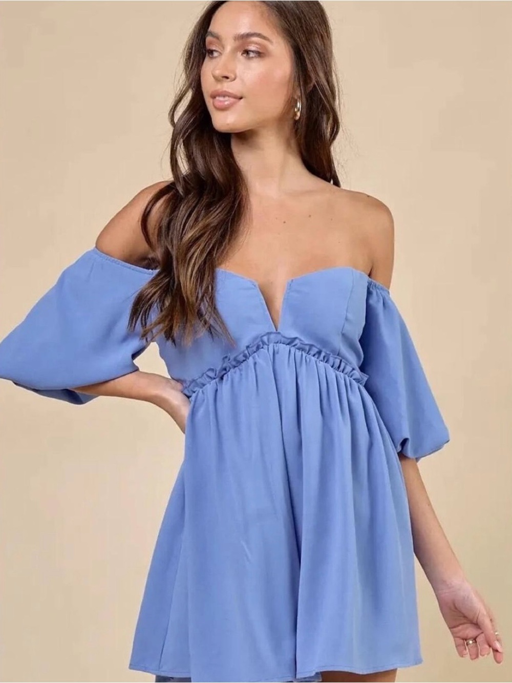 Light Blue Puff Sleeve Women's Romper